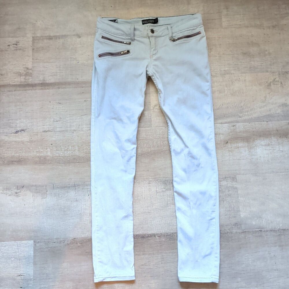 ​Kill City Junkie Fit Moto Skinny Jeans Women's Size 29 White Light Denim Zip